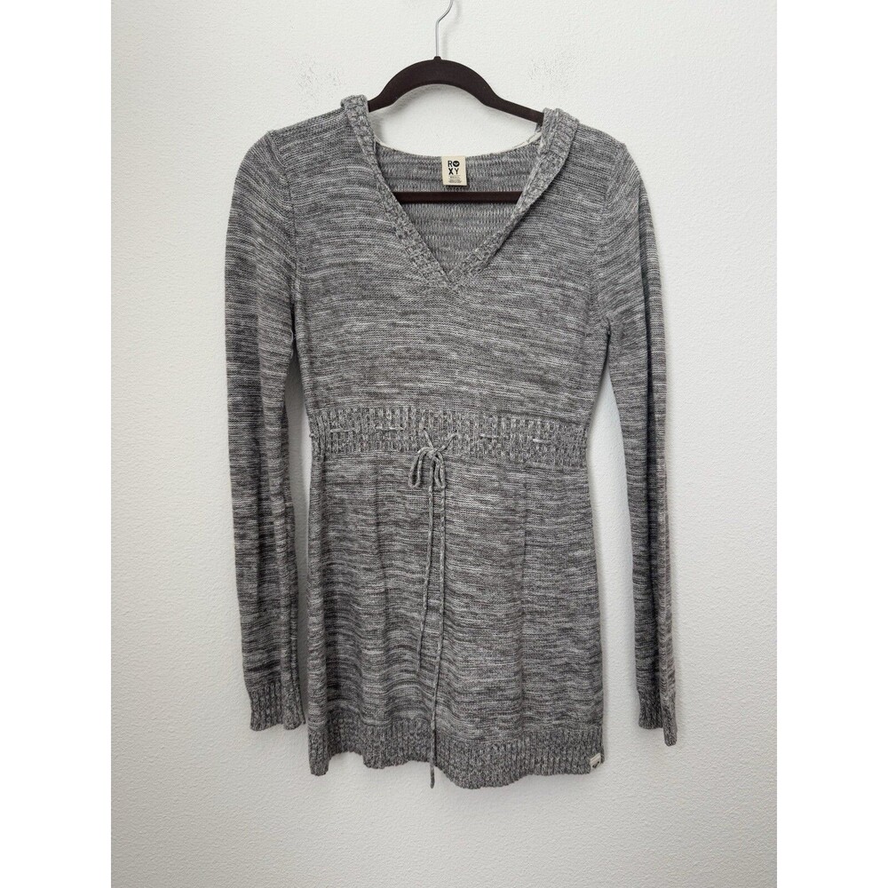 Roxy Women's Marled Gray Hoodie Tunic Sweater Knit V Neck Pullover Small